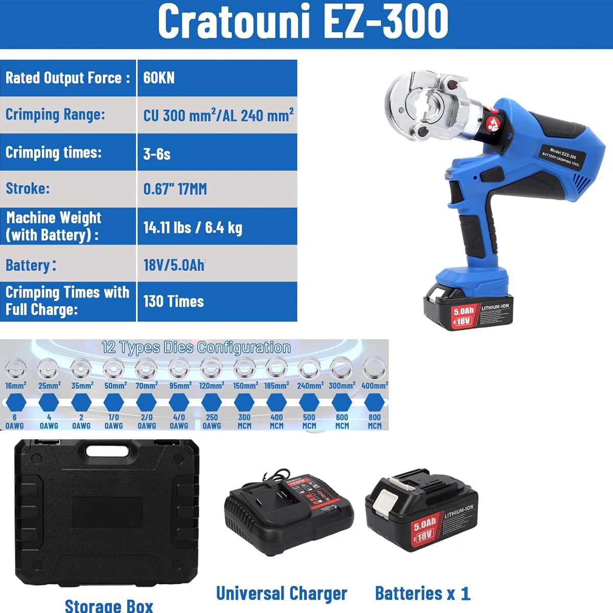 EZ-300 EZ-400 Electric Hydraulic Plier w Battery Handheld Rechargeable Cable Copper Aluminum Terminal Crimping Tool & 12Set Mold