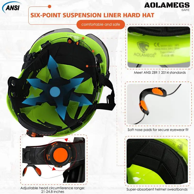 CE Safety Helmets W/ Built-in Goggles Visor Bluetooth Earmuffs ABS ANSI Engineer Industrial Hard Hat W/ Adjustable Vent Slots