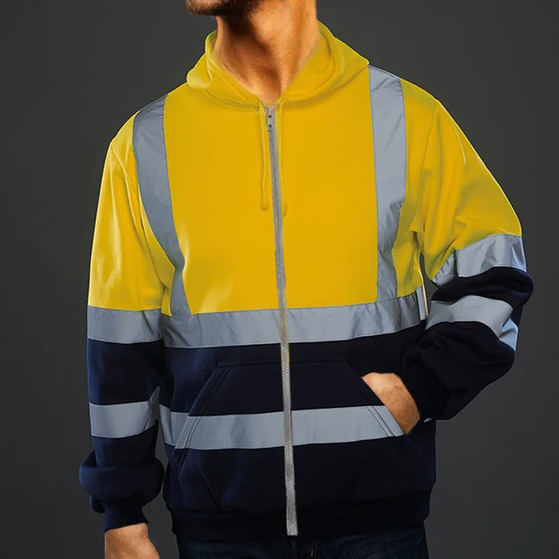 Reflective Strip Men Hoodie Coat Safe Warning Drawstring Zipper Long Sleeve Sanitation Overalls Outdoor Work Safety Jacket