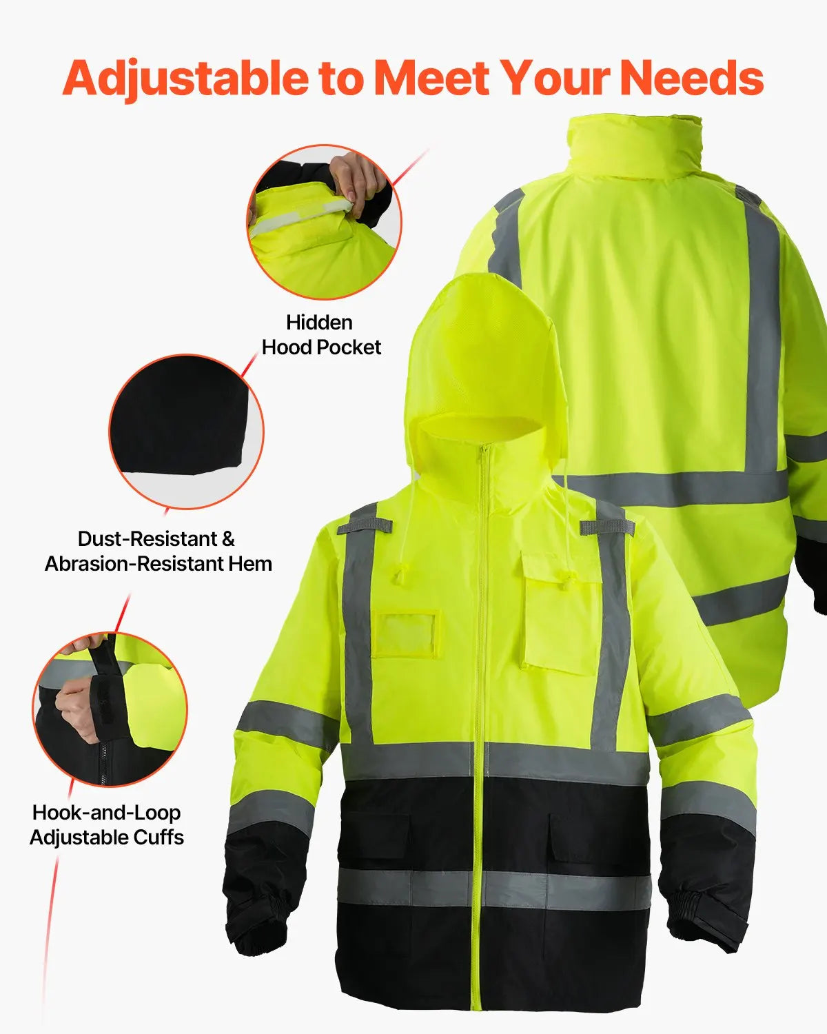 High Visibility Reflective Safety Jacket Waterproof Hoodie Yellow With Black L