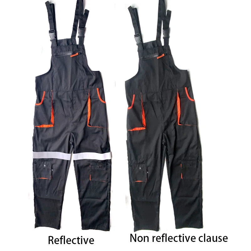 Reflective Bib Overalls Mens Women Work Clothing Protective Coveralls Strap Jumpsuit Multi Pockets Uniform Sleeveless Cargo Pant