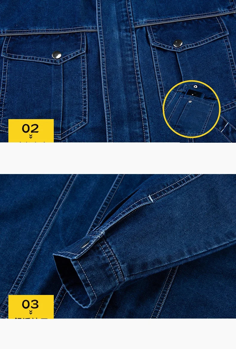 Summer Denim work clothes for men women Reflective stripe safety working Uniform Mechanic repairman worker Coverall welding Suit