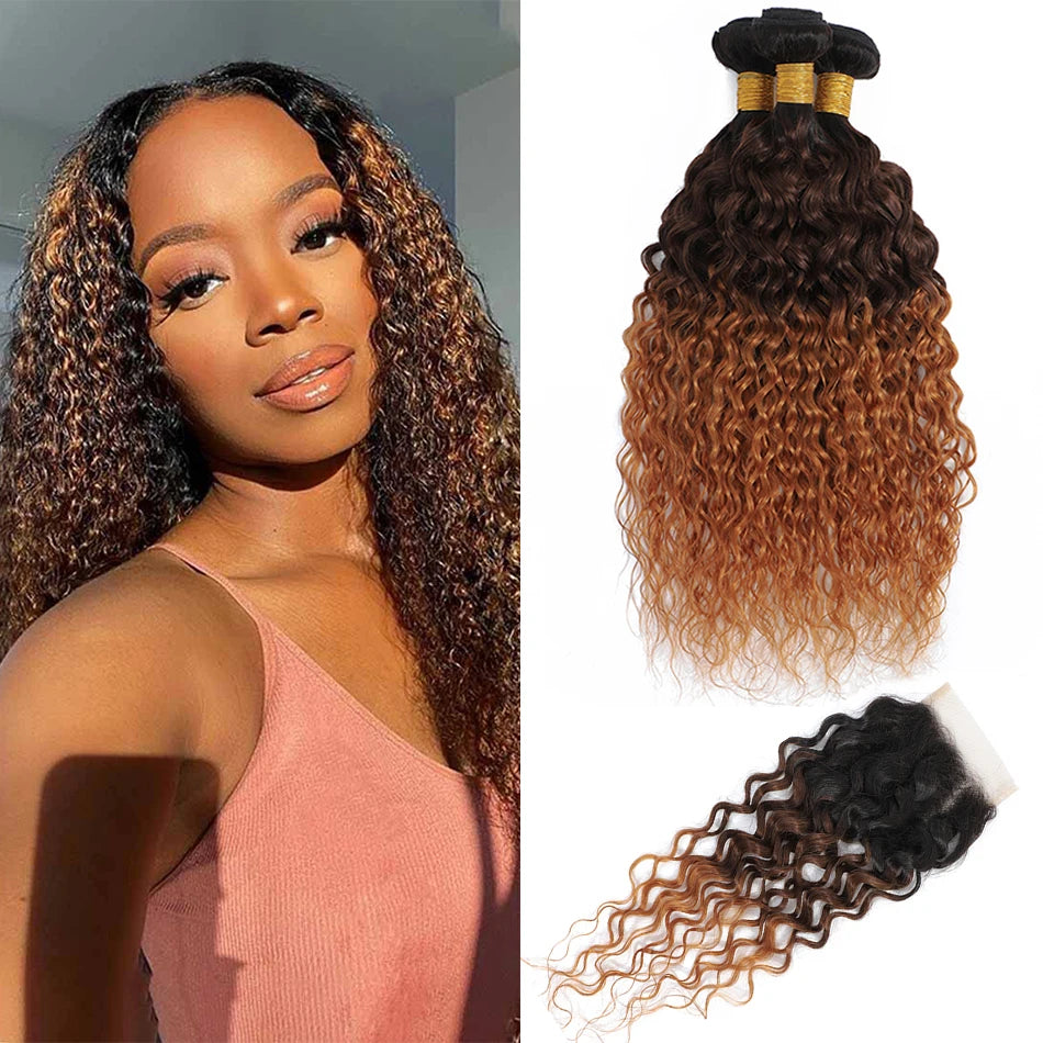 10A Malaysia Hair Ombre Curly Water Wave Bundles Human Hair with closure Highlight Water Wave Bundles With Closure Honey Blonde