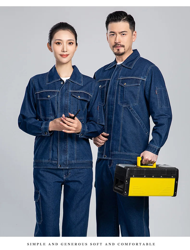 Summer Denim work clothes for men women Reflective stripe safety working Uniform Mechanic repairman worker Coverall welding Suit
