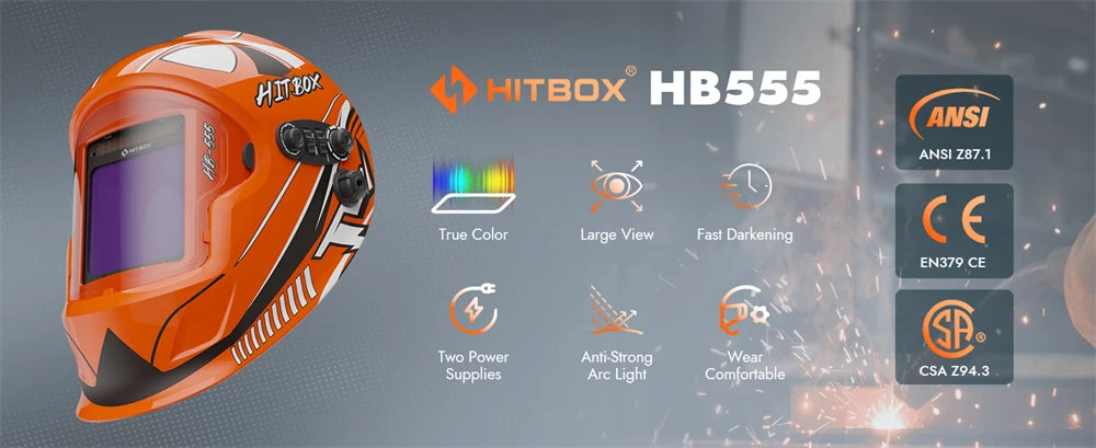 HITBOX HB555 Welding Helmet Auto Darkening 3.9x3.1 inch Large Viewing Welding Hood True Color Solar Battery Powered Welder Mask