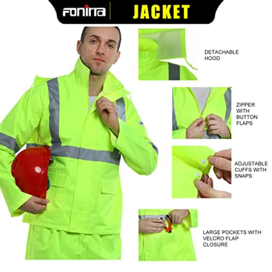 Hi Vis Safety Rainsuit for Men Waterproof Yellow Reflective Class 3 Rain Jacket Gear Pants S/M