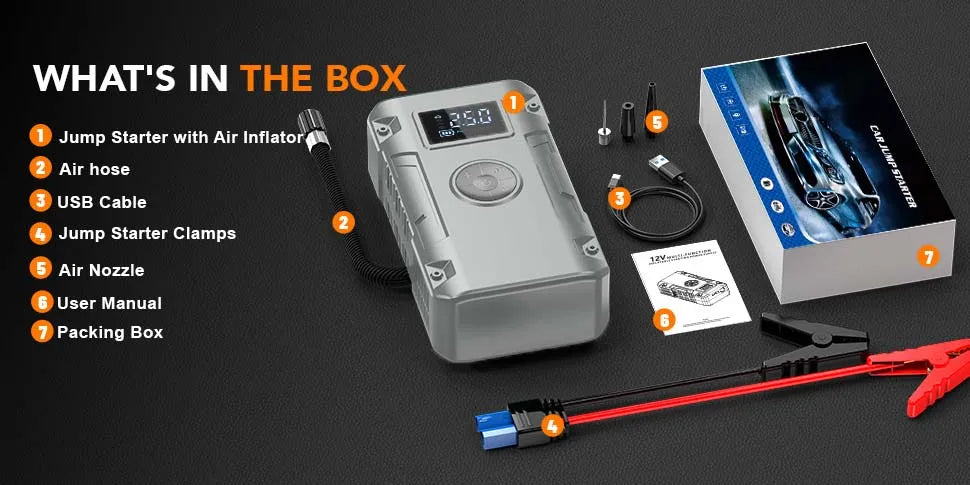 5-IN-1 Jump Starter 7000A,12V Car Battery Jump Starter with Air Compressor (Up to All Gas or 10.0L Diesel Engine)