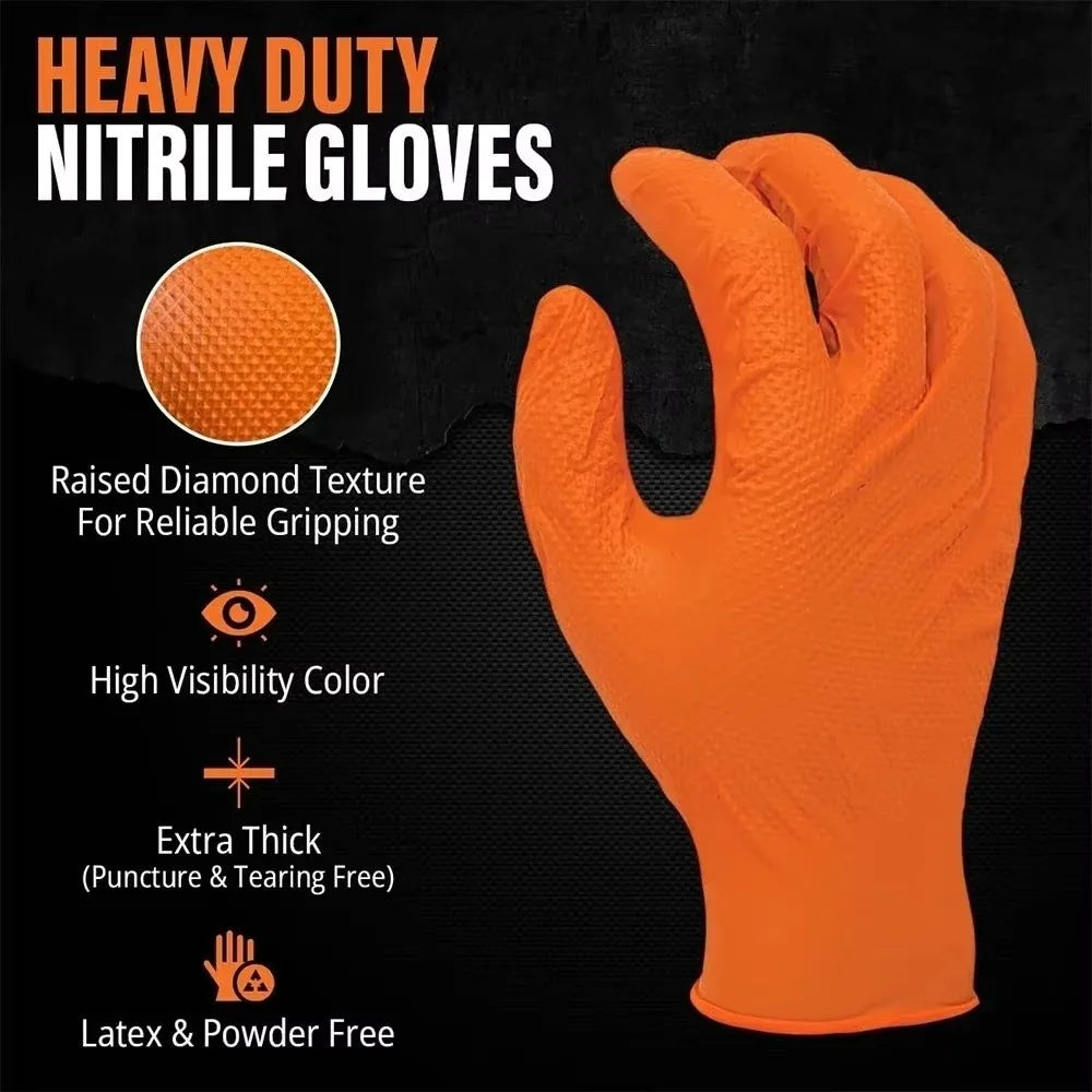 10pcs Heavy Duty Nitrile Gloves Orange Black with Diamond Textured Safety Gloves Waterproof Wear-Resistant Disposable Gloves