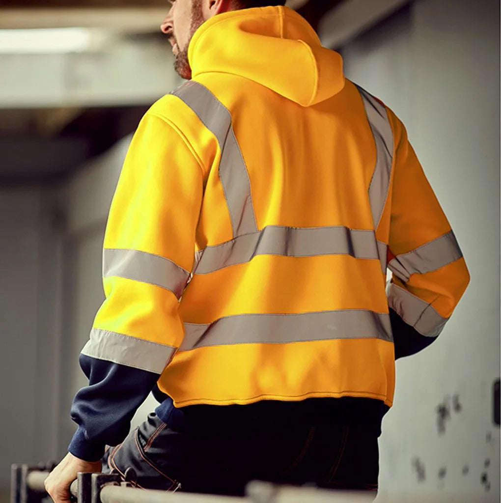 Reflective Strip Men Hoodie Coat Safe Warning Drawstring Zipper Long Sleeve Sanitation Overalls Outdoor Work Safety Jacket