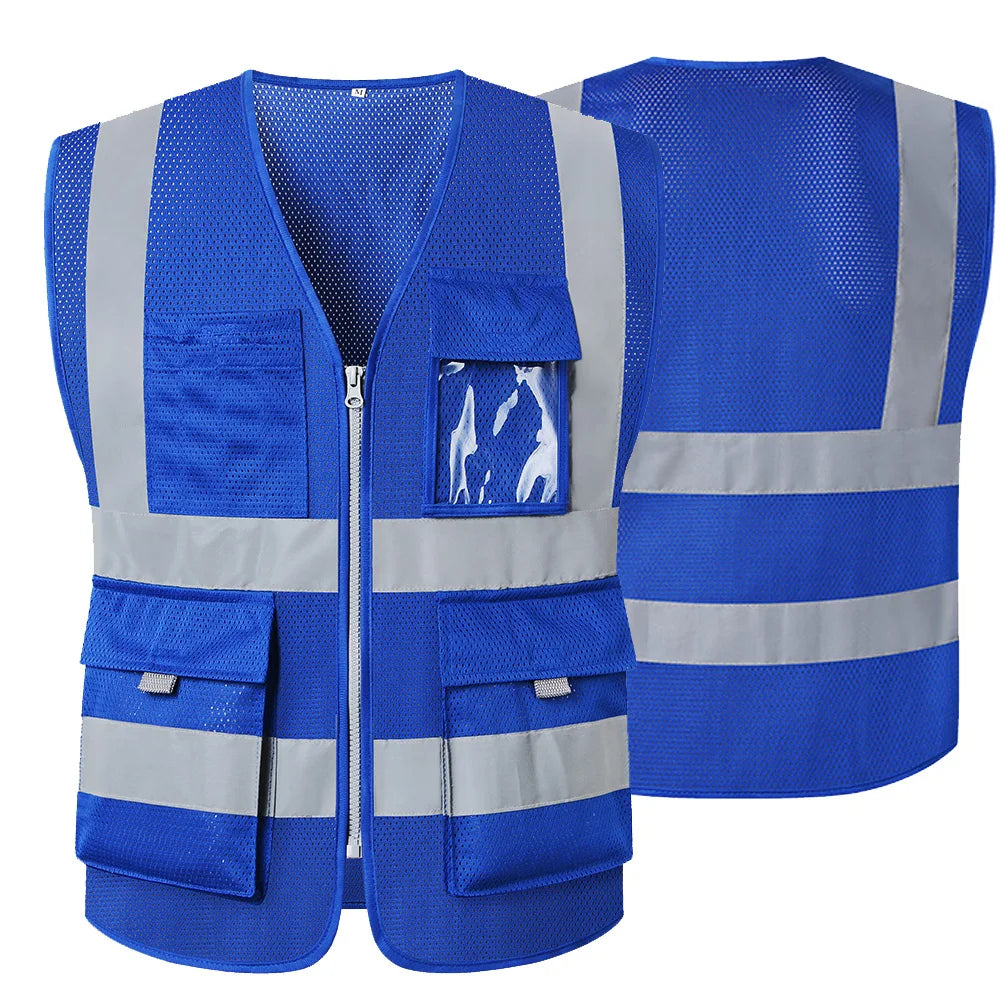 Blue Mesh Safety Vest With Pockets Breathable Summer Workwear Waistcoat for Contruction High Visibility Reflective Jacket