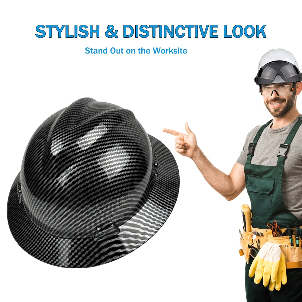 Carbon Fiber Full Brim Hard Hat ANSI Z89.1 CE Safety Helmet 6-Point Suspension HDPE Construction Work Cap for Men Industrial