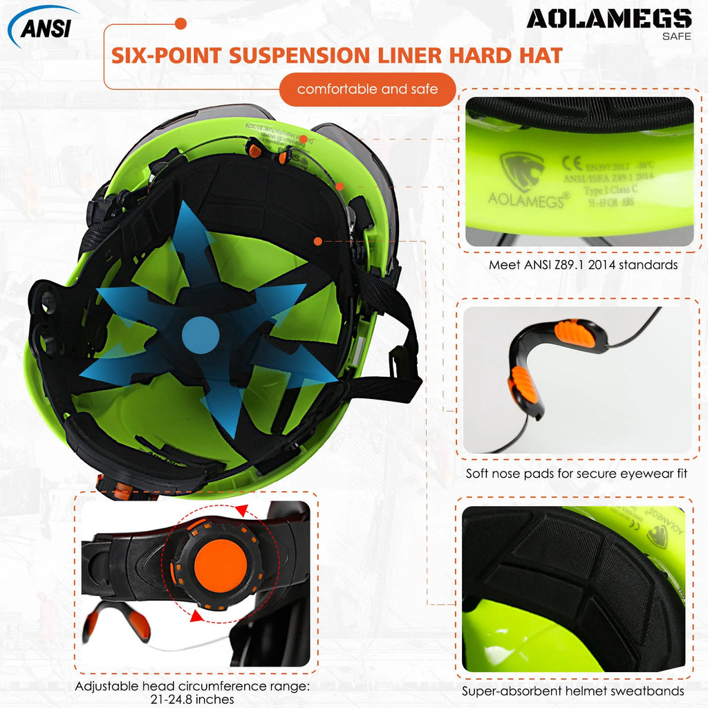 CE Safety Helmets W/ Built-in Goggles Visor Bluetooth Earmuffs ABS ANSI Engineer Industrial Hard Hat W/ Adjustable Vent Slots