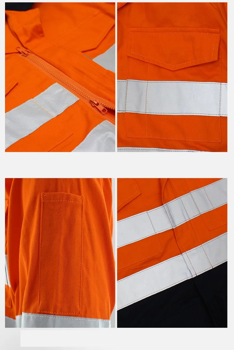 100% cotton working overalls hi vis safety Work clothing reflective stripes factory workshop mechanics coveralls coal miner Suit