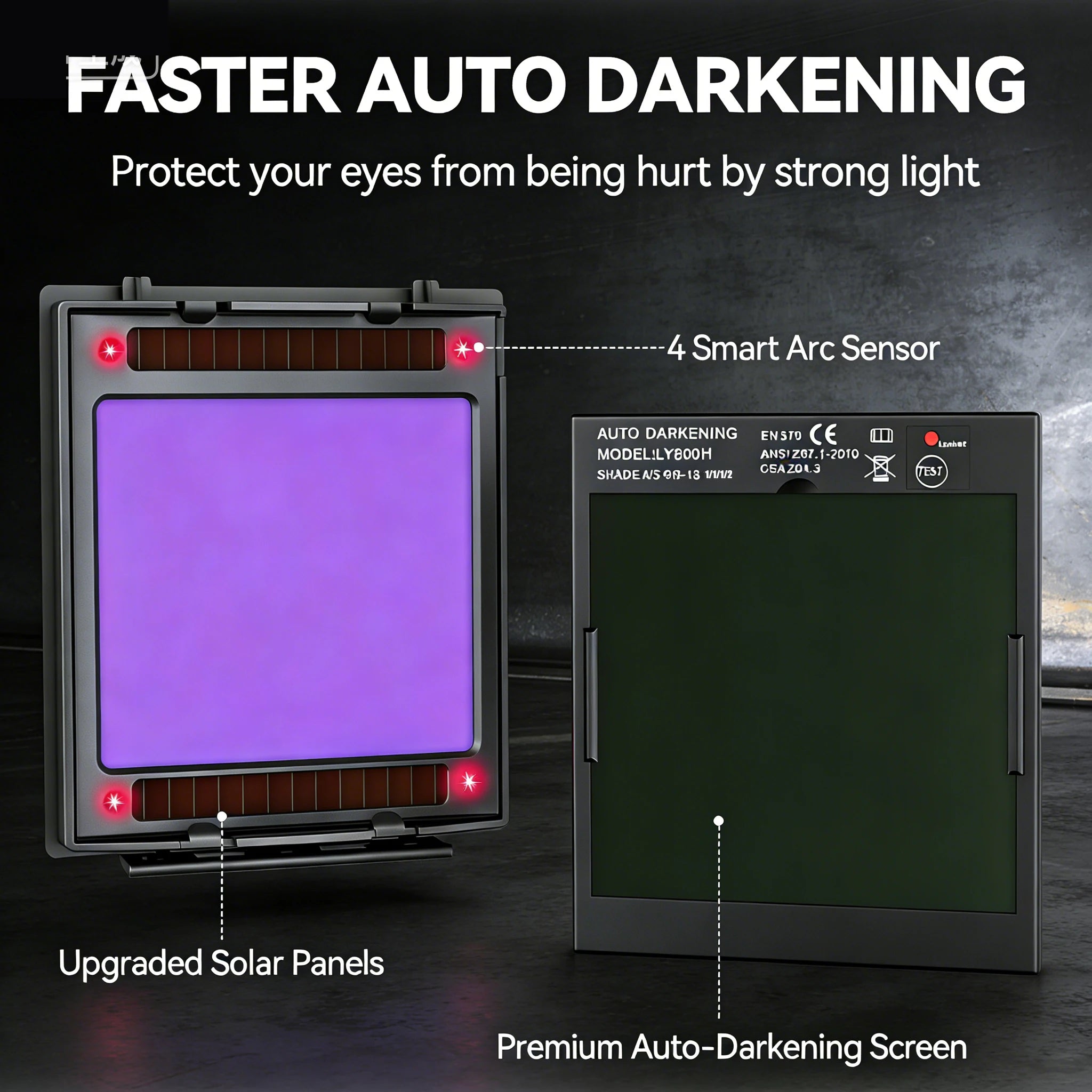Large view 10 cm x 9.3 cm true color automatic darkening welding helmet with light, solar welding hood,4 arc sensors wide lampsh