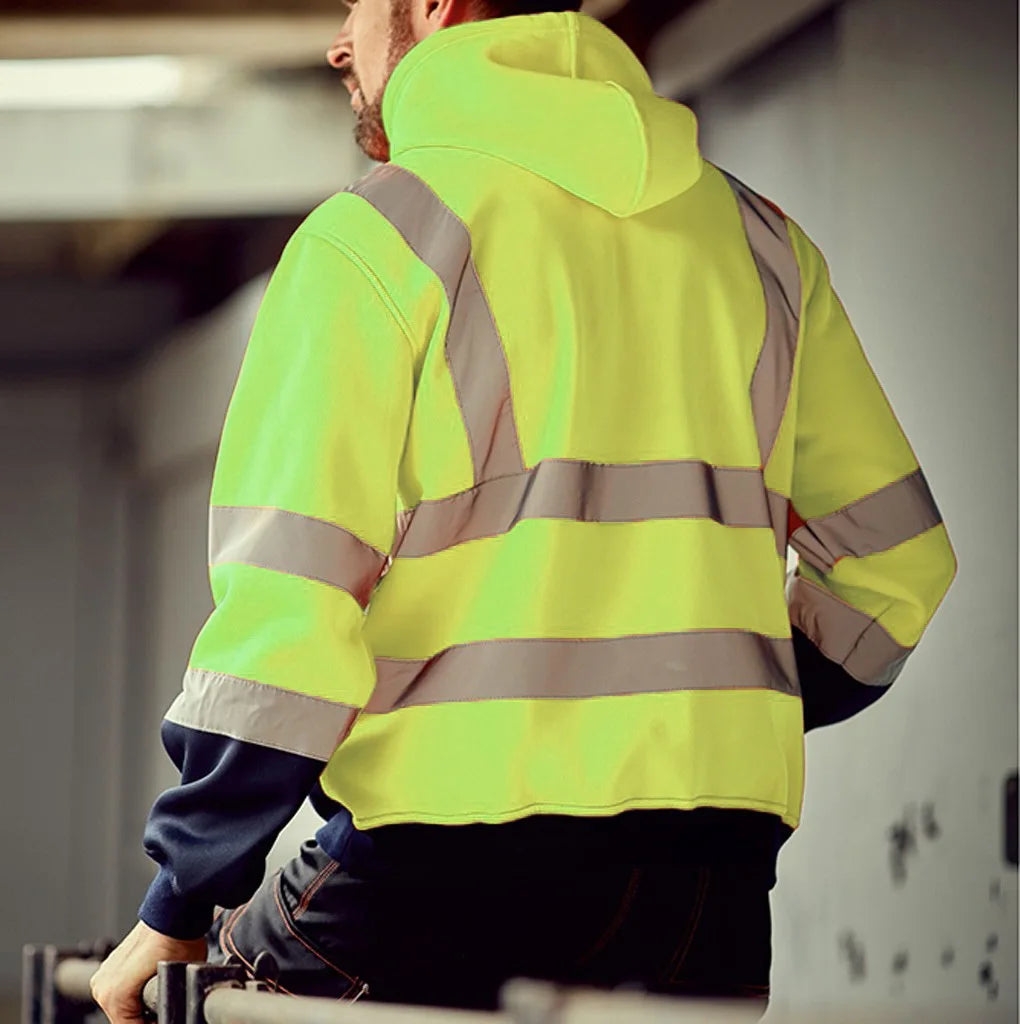 Reflective Strip Men Hoodie Coat Safe Warning Drawstring Zipper Long Sleeve Sanitation Overalls Outdoor Work Safety Jacket