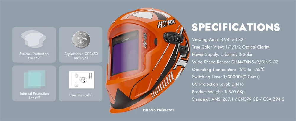 HITBOX HB555 Welding Helmet Auto Darkening 3.9x3.1 inch Large Viewing Welding Hood True Color Solar Battery Powered Welder Mask