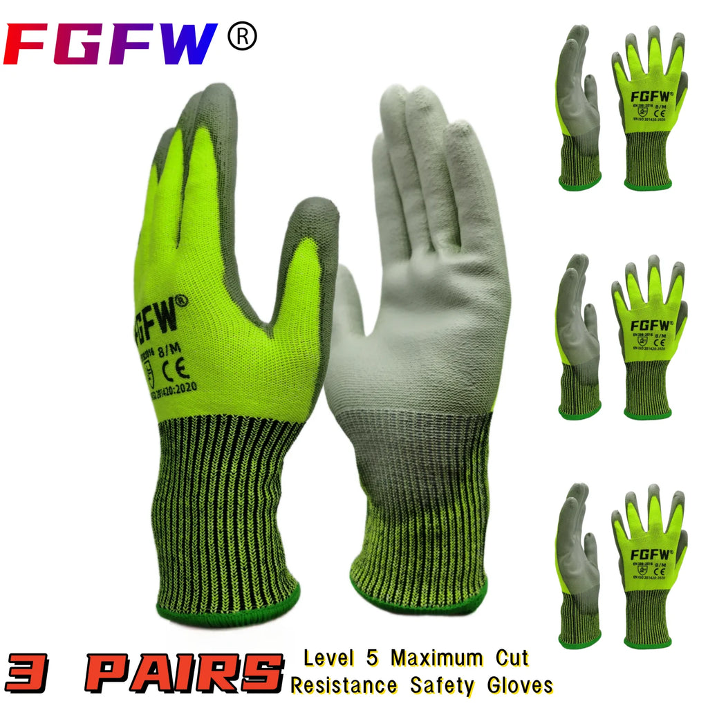 3 Pairs Military-Grade Level 5 Cut Resistant Gloves EN388/CE/ISO - HPPE Fiberglass, Anti-Slip Grip, Breathable for Industrial Sa