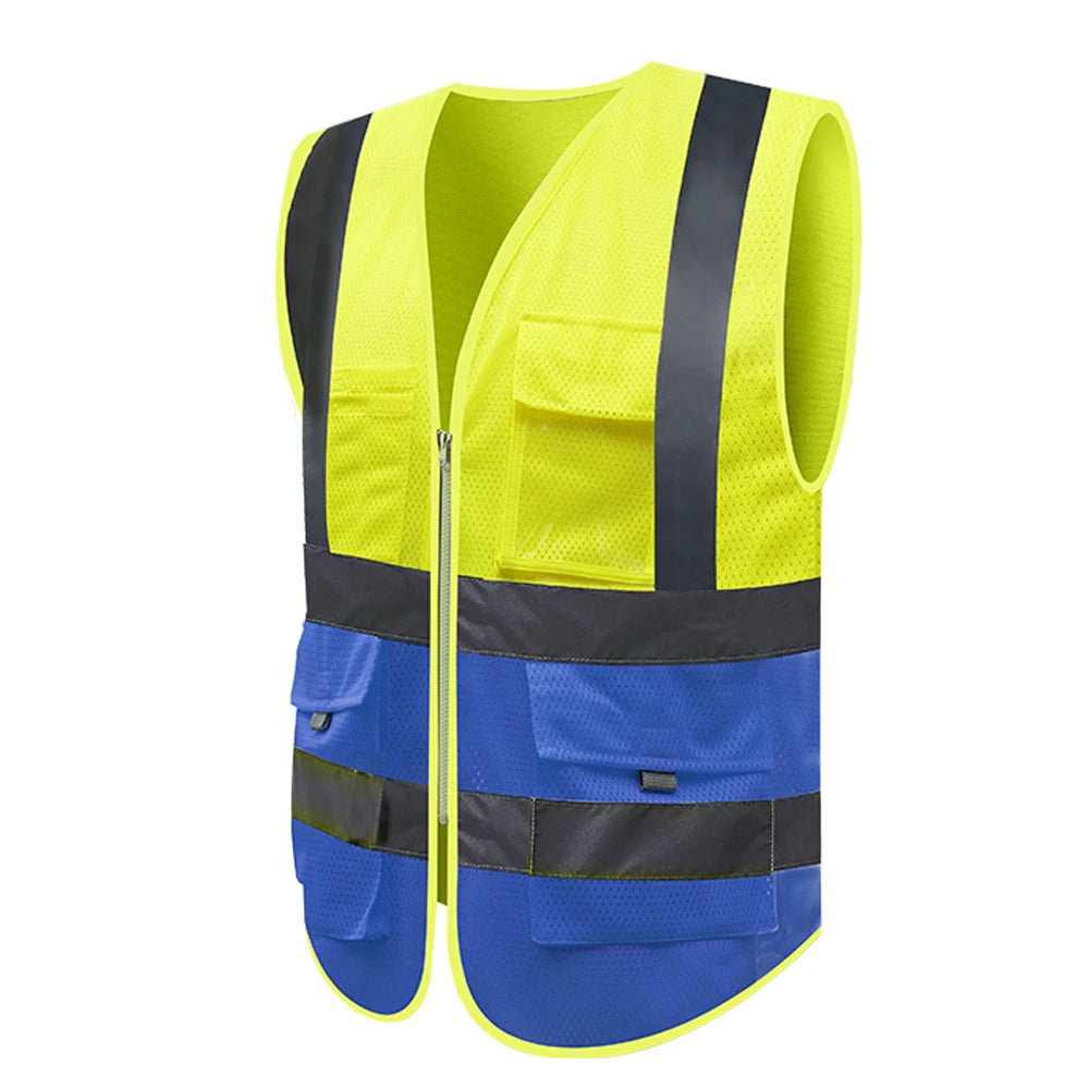 Blue Mesh Safety Vest With Pockets Breathable Summer Workwear Waistcoat for Contruction High Visibility Reflective Jacket