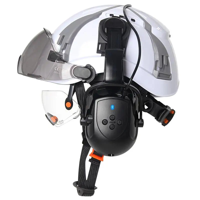 CE Safety Helmets W/ Built-in Goggles Visor Bluetooth Earmuffs ABS ANSI Engineer Industrial Hard Hat W/ Adjustable Vent Slots