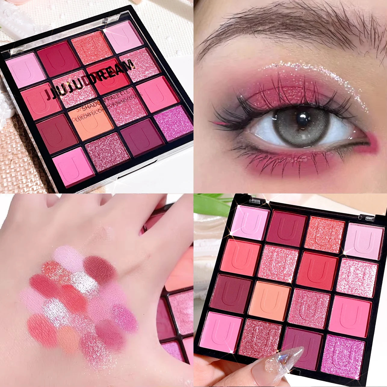 16 grid red eyeshadow tray Purple, glitter pearl matte eyeshadow, Shimmer makeup lasting women, Korean eye cosmetics