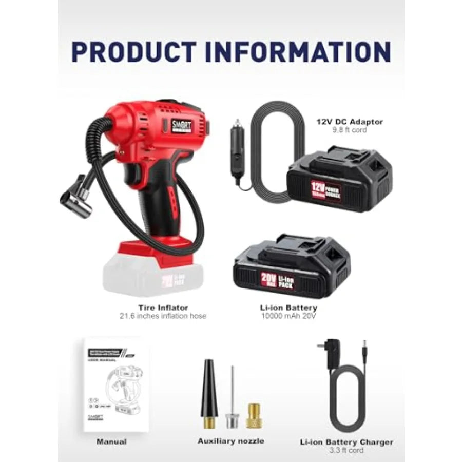 - Car Tire Inflator Portable Air Compressor 20V/12V Dual-Power Cordless Air Pump with 150 PSI Max Pressure and Smart Auto-Stop