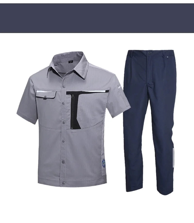 Summer Fashion Work Clothing Stretchy Anti Static Auto Repairman Worker Uniform Contrast Color Reflective Stripe Safety Coverall