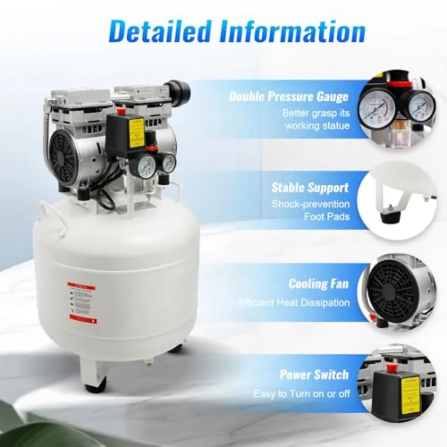 Medical air compressor for hospitals and dental clinics: 40L oil-free portable quiet air pump, 110V commercial-grade, stainless