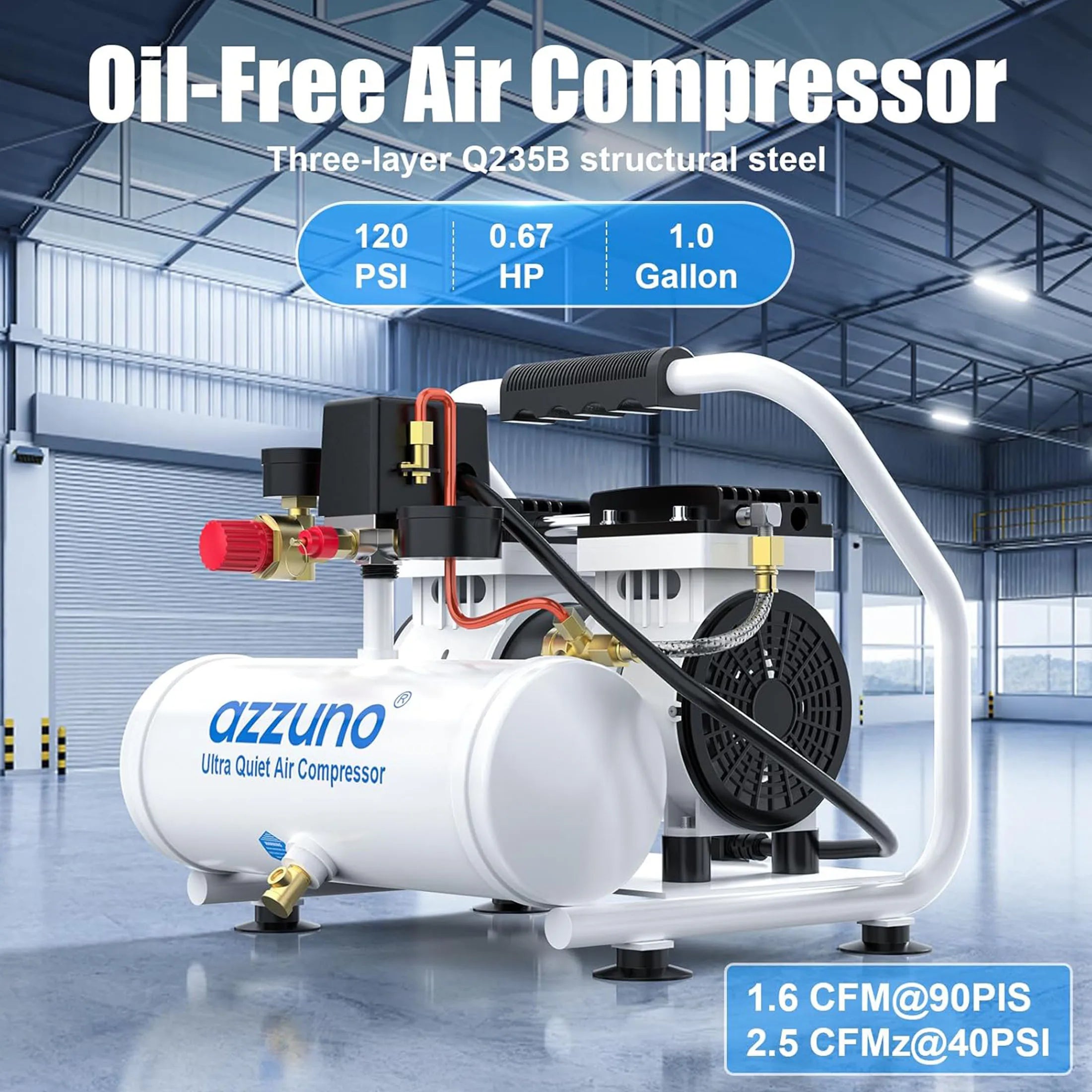 AZZUNO 500W Air Compressor Quiet Oil-free Portable Air Pump for Home Repair Tire Inflation Whisper Compressor