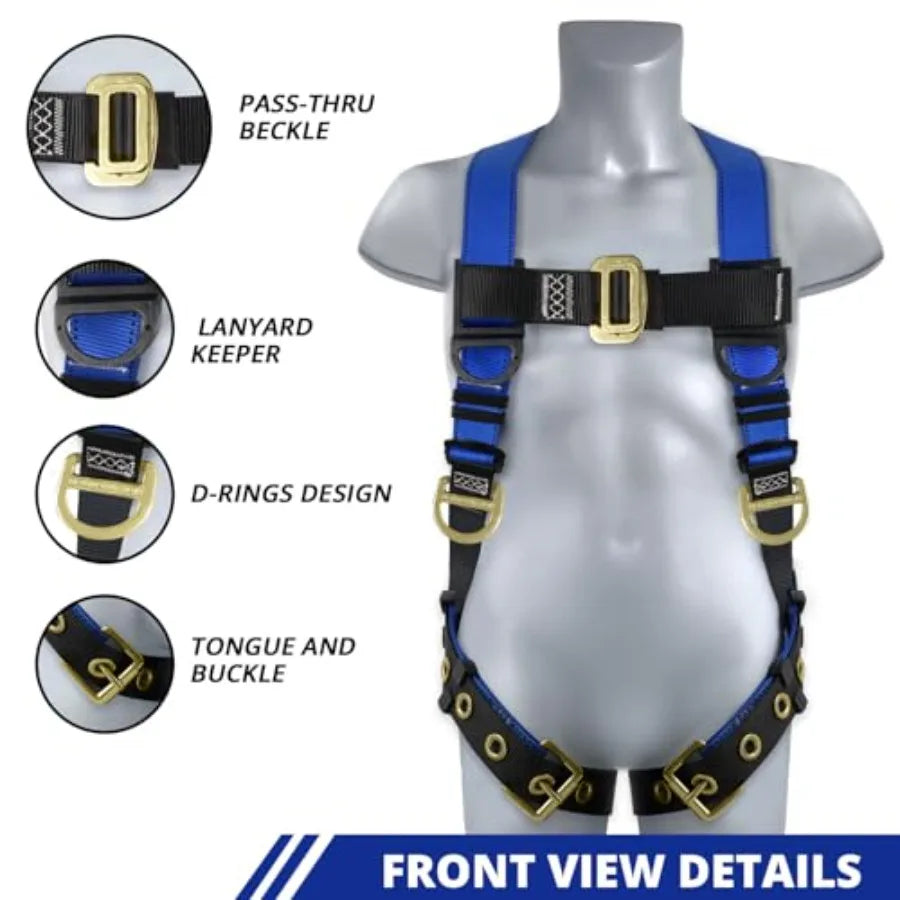 Safety Harness Fall Protection - Men Construction Full Body Harness Kit for Work with Shock Absorbing Lanyard Tongue Buckle ANS