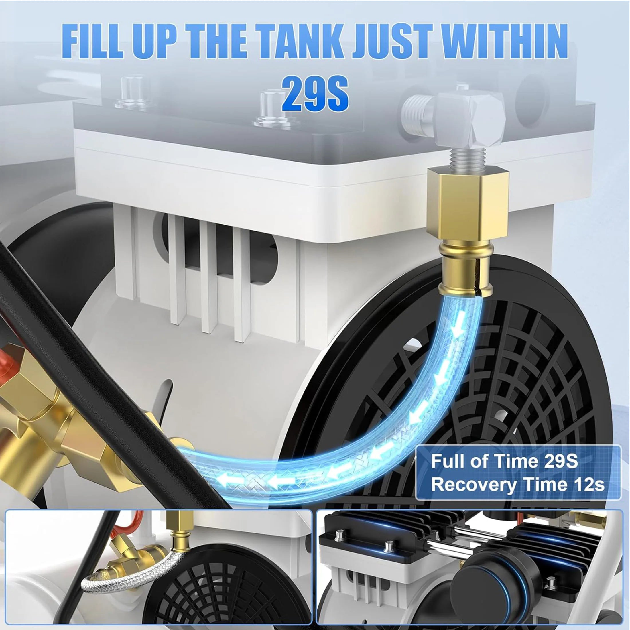AZZUNO 500W Air Compressor Quiet Oil-free Portable Air Pump for Home Repair Tire Inflation Whisper Compressor