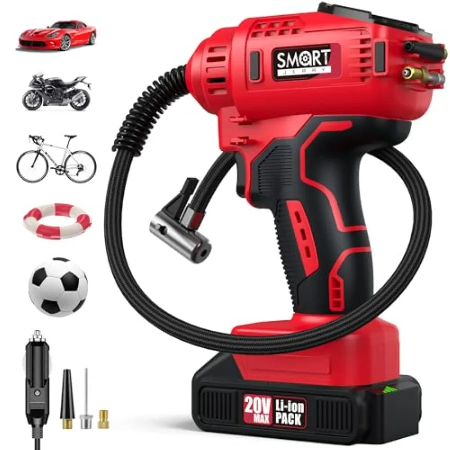 - Car Tire Inflator Portable Air Compressor 20V/12V Dual-Power Cordless Air Pump with 150 PSI Max Pressure and Smart Auto-Stop