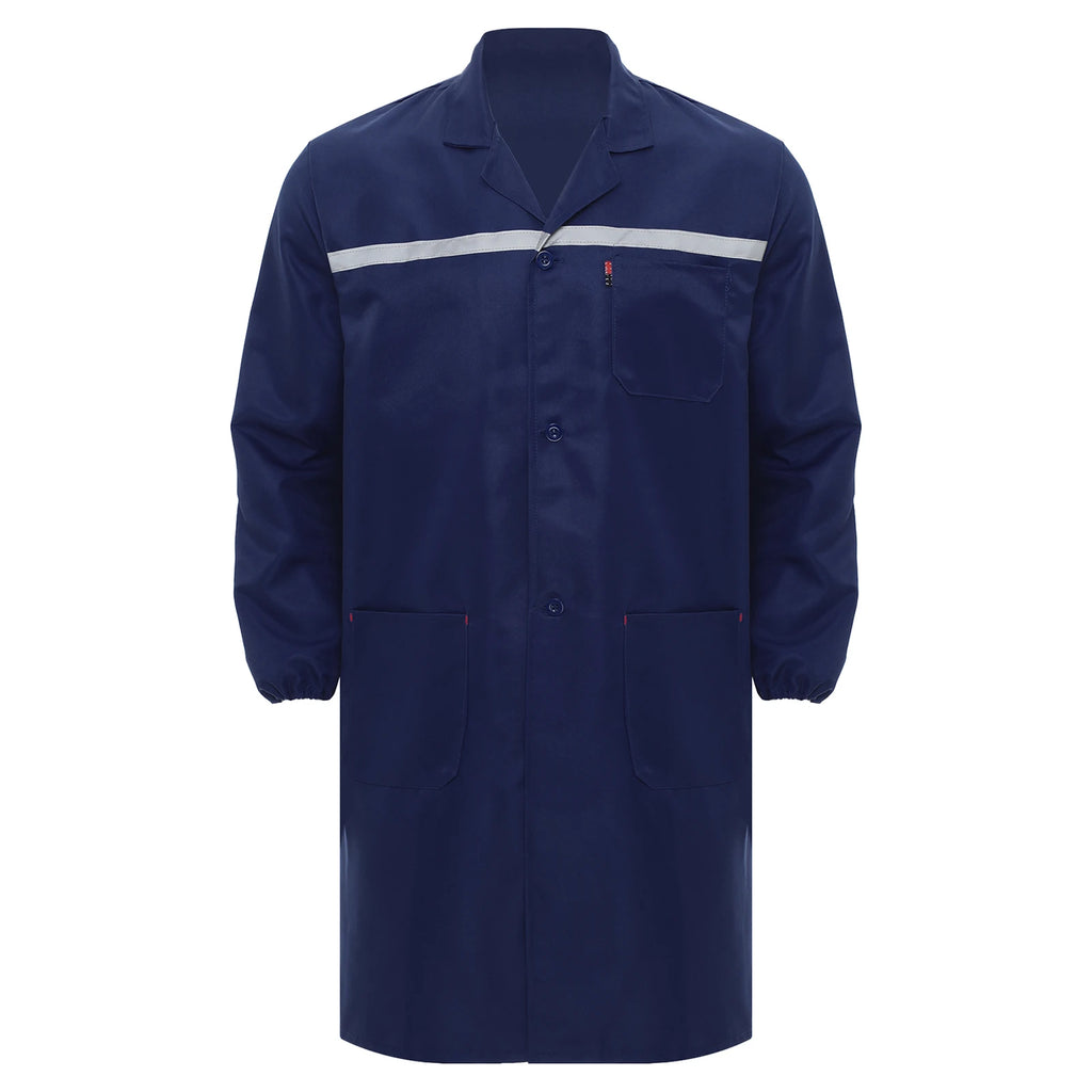 Mens Womens Factory Workshop Uniform Long Sleeve Pockets Button-up Coverall Reflective Strips Long Workwear Wear-resistant Coat
