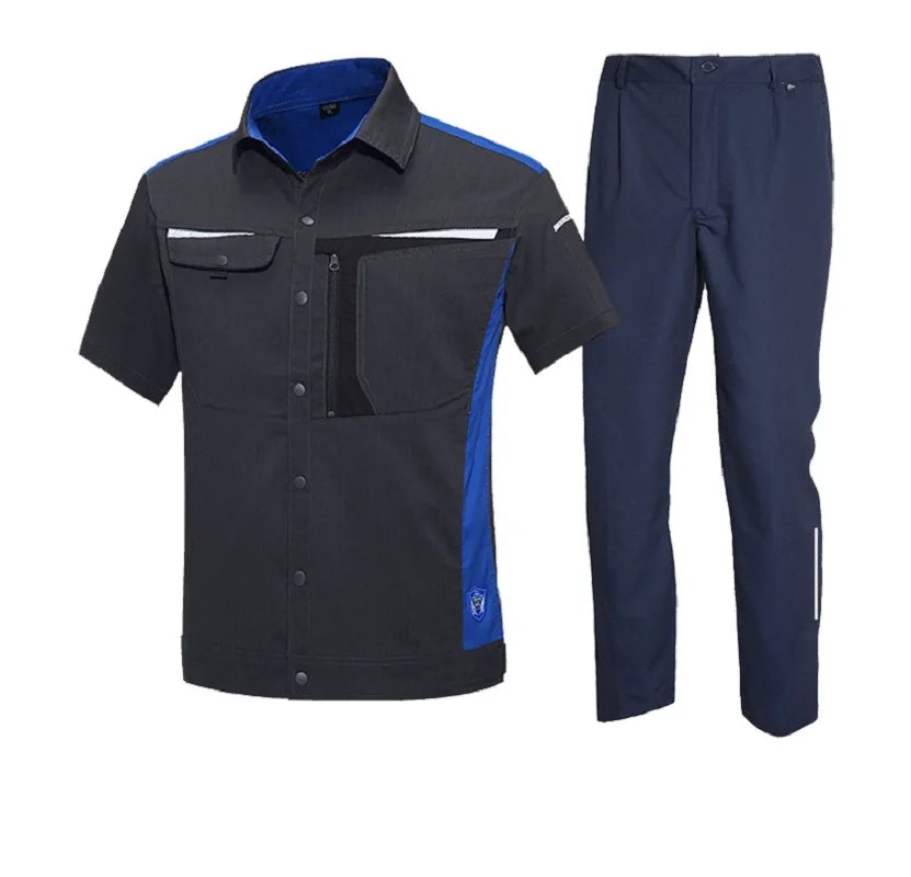 Summer Fashion Work Clothing Stretchy Anti Static Auto Repairman Worker Uniform Contrast Color Reflective Stripe Safety Coverall