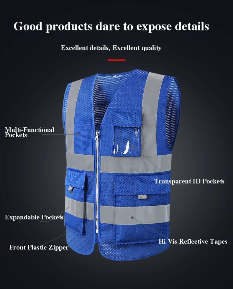 Blue Mesh Safety Vest With Pockets Breathable Summer Workwear Waistcoat for Contruction High Visibility Reflective Jacket