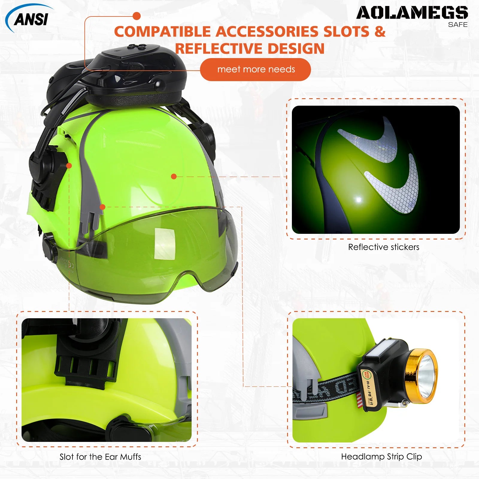 CE Safety Helmets W/ Built-in Goggles Visor Bluetooth Earmuffs ABS ANSI Engineer Industrial Hard Hat W/ Adjustable Vent Slots
