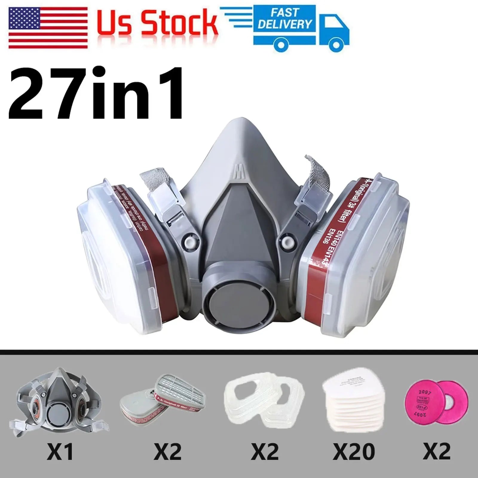 27in1 6200 Half Face Dust Gas Mask Respirator For Industrial Paint Spray Chemical Organic Vapor With Filters Protection