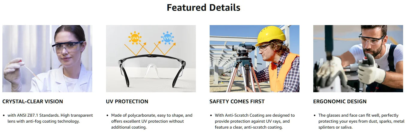 2 Pack Safety Glasses for Men and Women, Adjustable Lab Goggles, UV Protection ANSI Z87 Anti-fog Eyewear Clear Wraparound