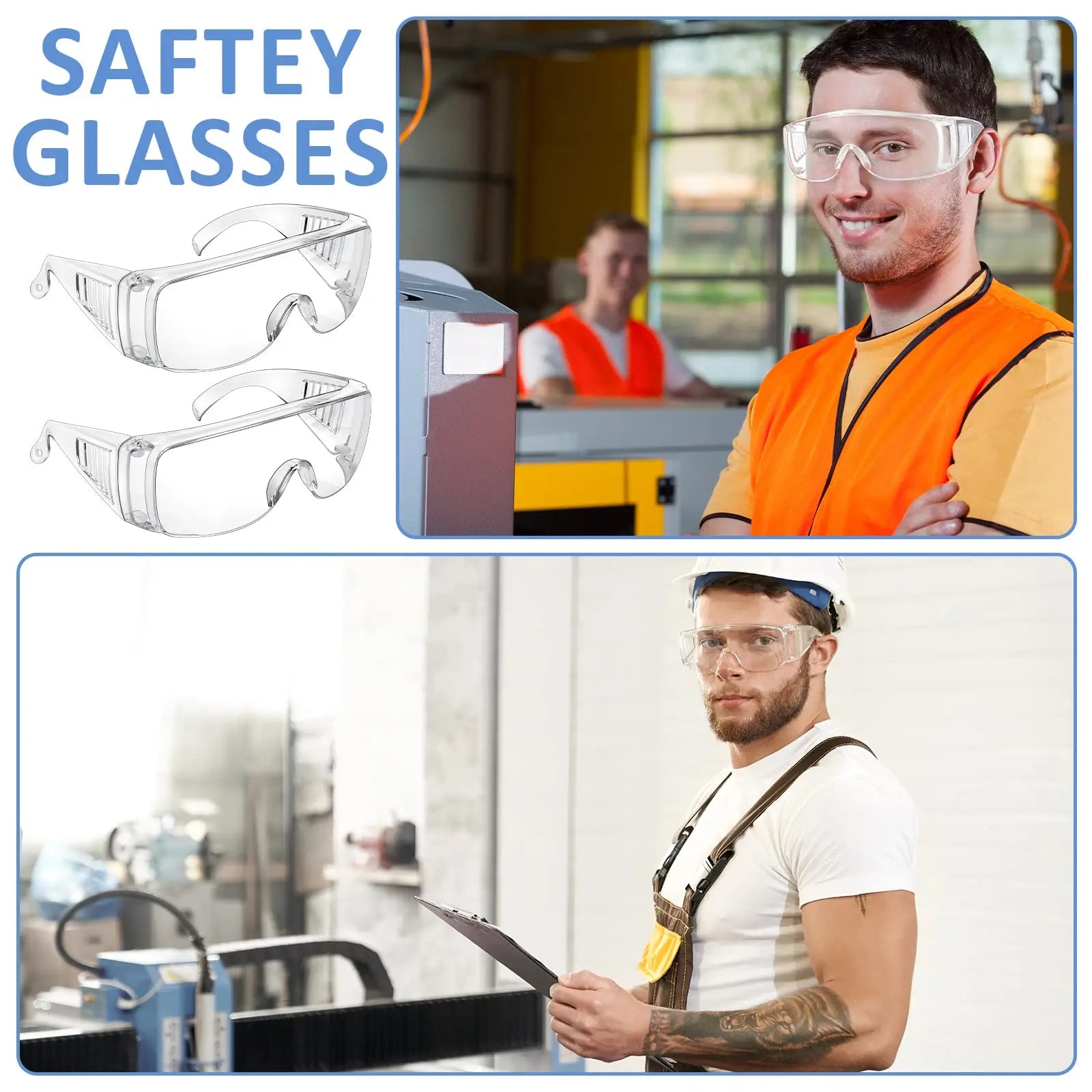 2 Pack Safety Glasses for Men and Women, Adjustable Lab Goggles, UV Protection ANSI Z87 Anti-fog Eyewear Clear Wraparound