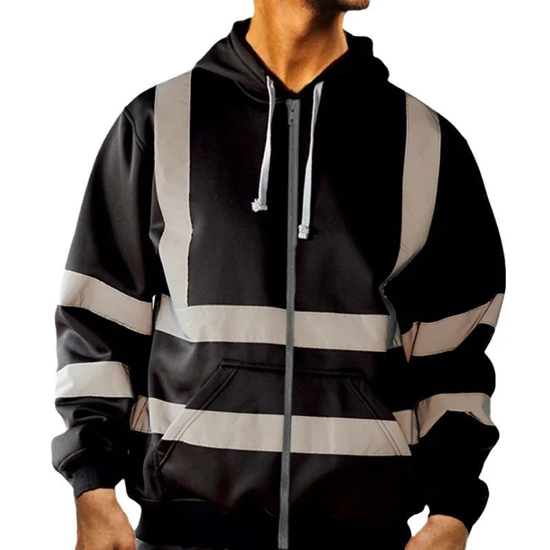 Reflective Strip Men Hoodie Coat Safe Warning Drawstring Zipper Long Sleeve Sanitation Overalls Outdoor Work Safety Jacket