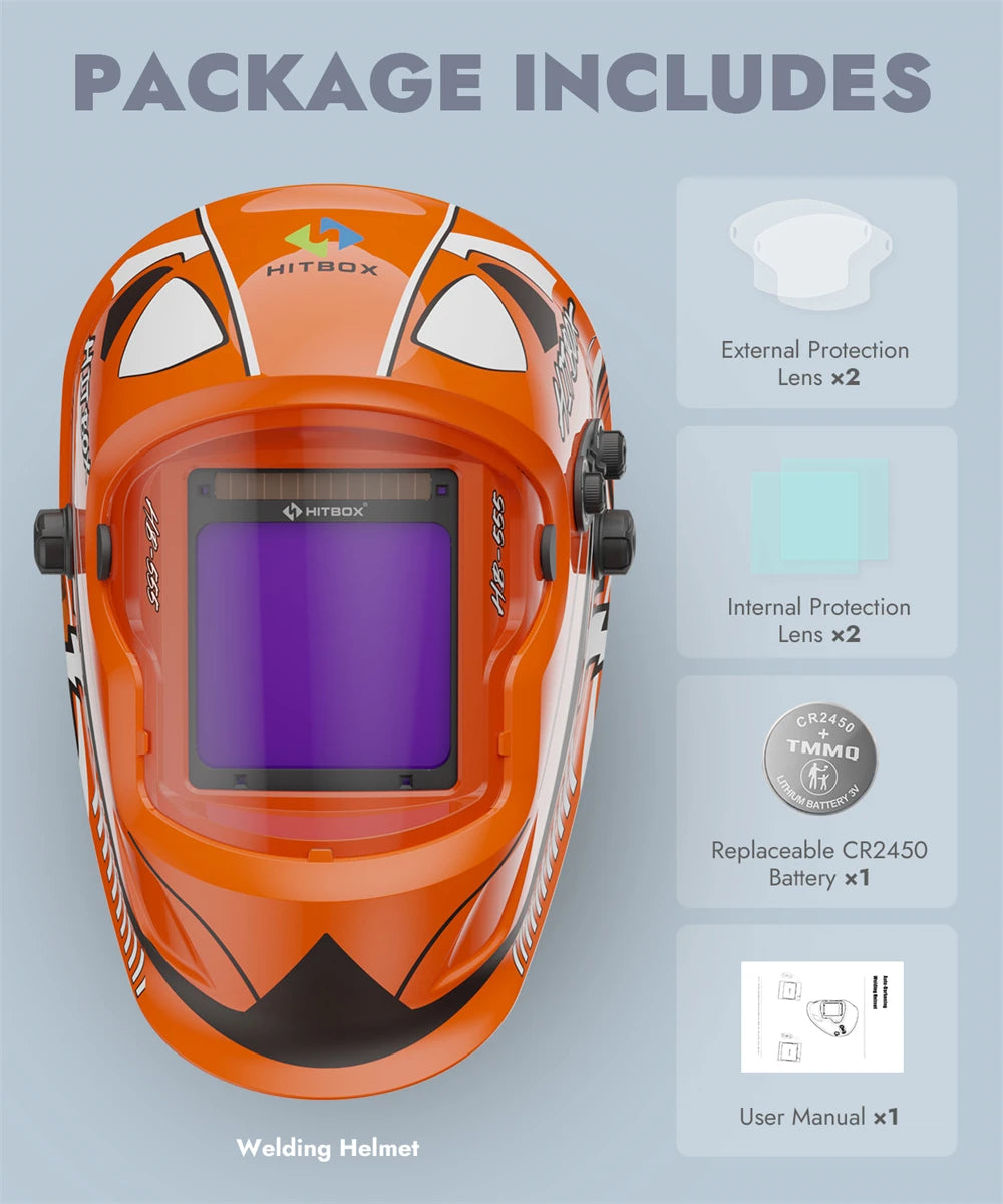 HITBOX HB555 Welding Helmet Auto Darkening 3.9x3.1 inch Large Viewing Welding Hood True Color Solar Battery Powered Welder Mask