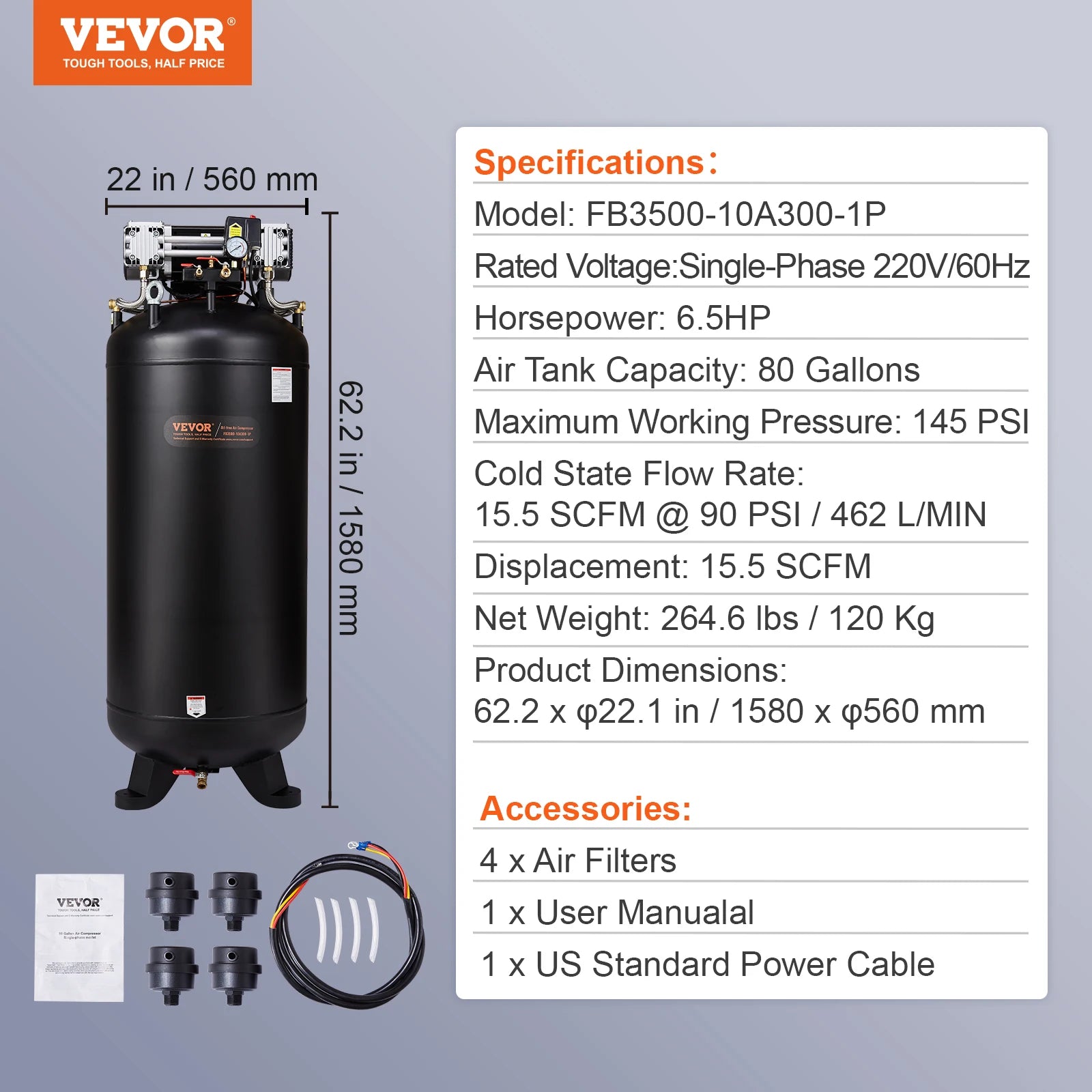 VEVOR 80 Gallon Air Compressor 6.5HP 145PSI Oil Free Air Compressor Ultra Quiet Compressor for Industrial Sites Auto Repair