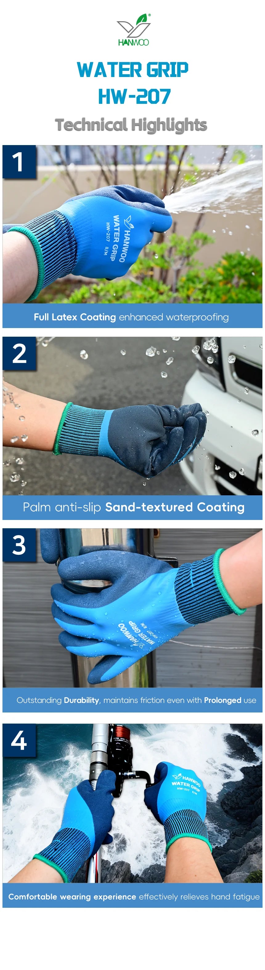 HANWOO Waterproof Safety Work Gloves, Full Latex Coating, Non-Slip and Wear-Resistant, Gardening、Fishing、Outdoor, 2 Pairs