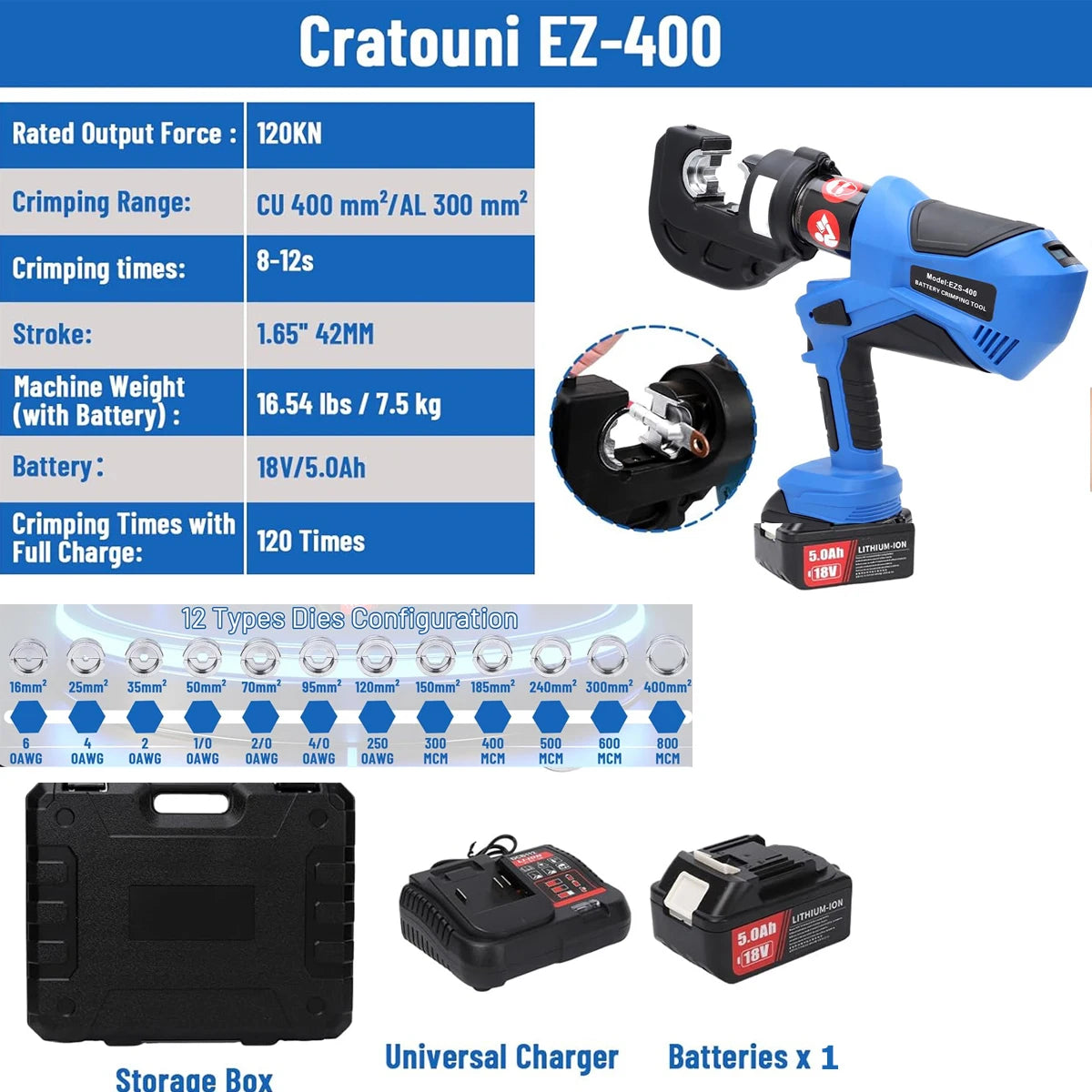 EZ-300 EZ-400 Electric Hydraulic Plier w Battery Handheld Rechargeable Cable Copper Aluminum Terminal Crimping Tool & 12Set Mold