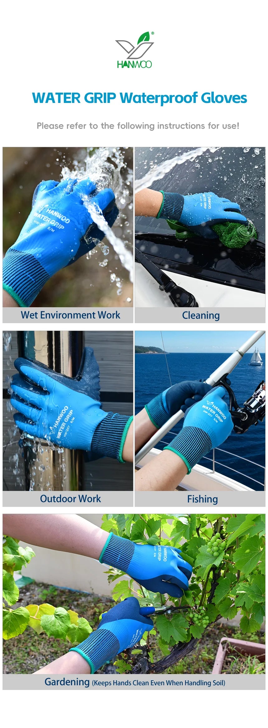 HANWOO Waterproof Safety Work Gloves, Full Latex Coating, Non-Slip and Wear-Resistant, Gardening、Fishing、Outdoor, 2 Pairs