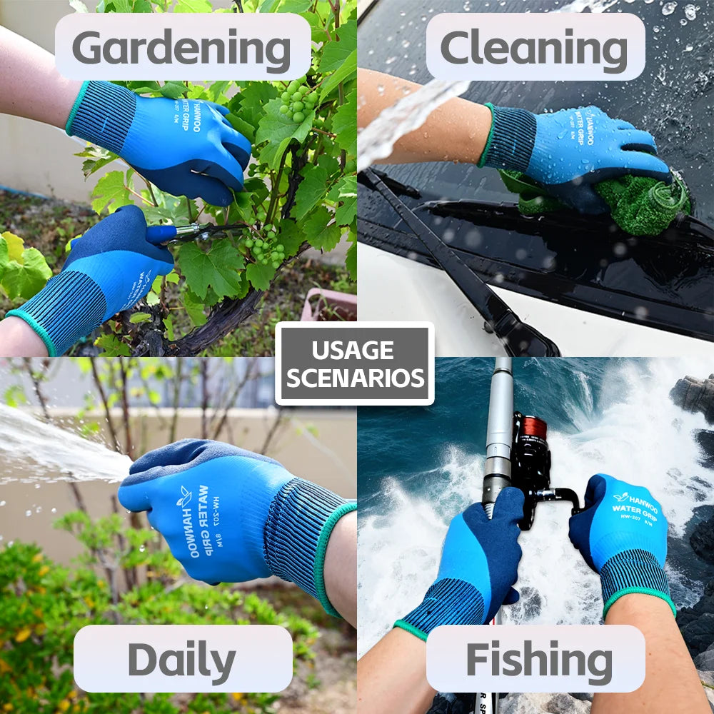 HANWOO Waterproof Safety Work Gloves, Full Latex Coating, Non-Slip and Wear-Resistant, Gardening、Fishing、Outdoor, 2 Pairs