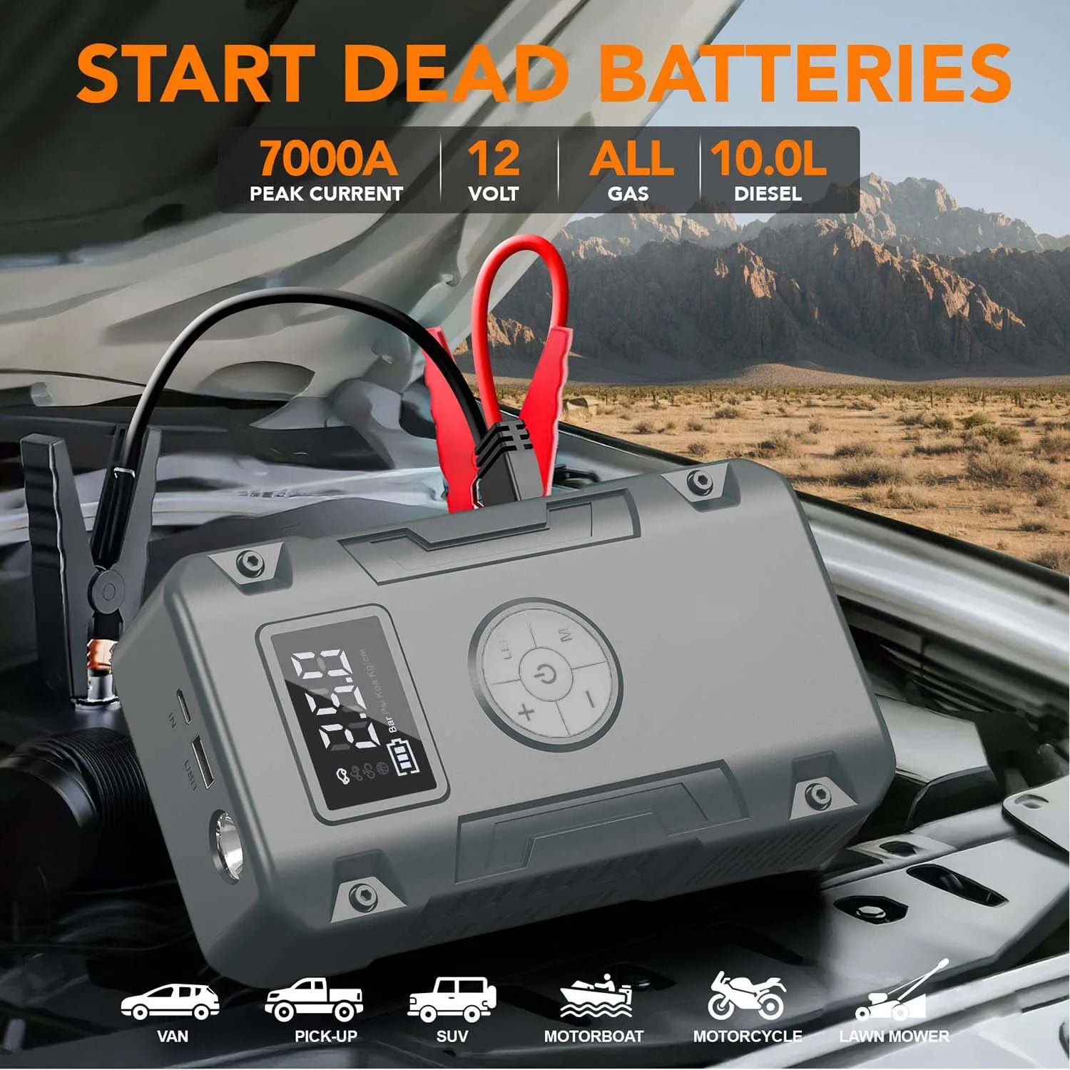 5-IN-1 Jump Starter 7000A,12V Car Battery Jump Starter with Air Compressor (Up to All Gas or 10.0L Diesel Engine)