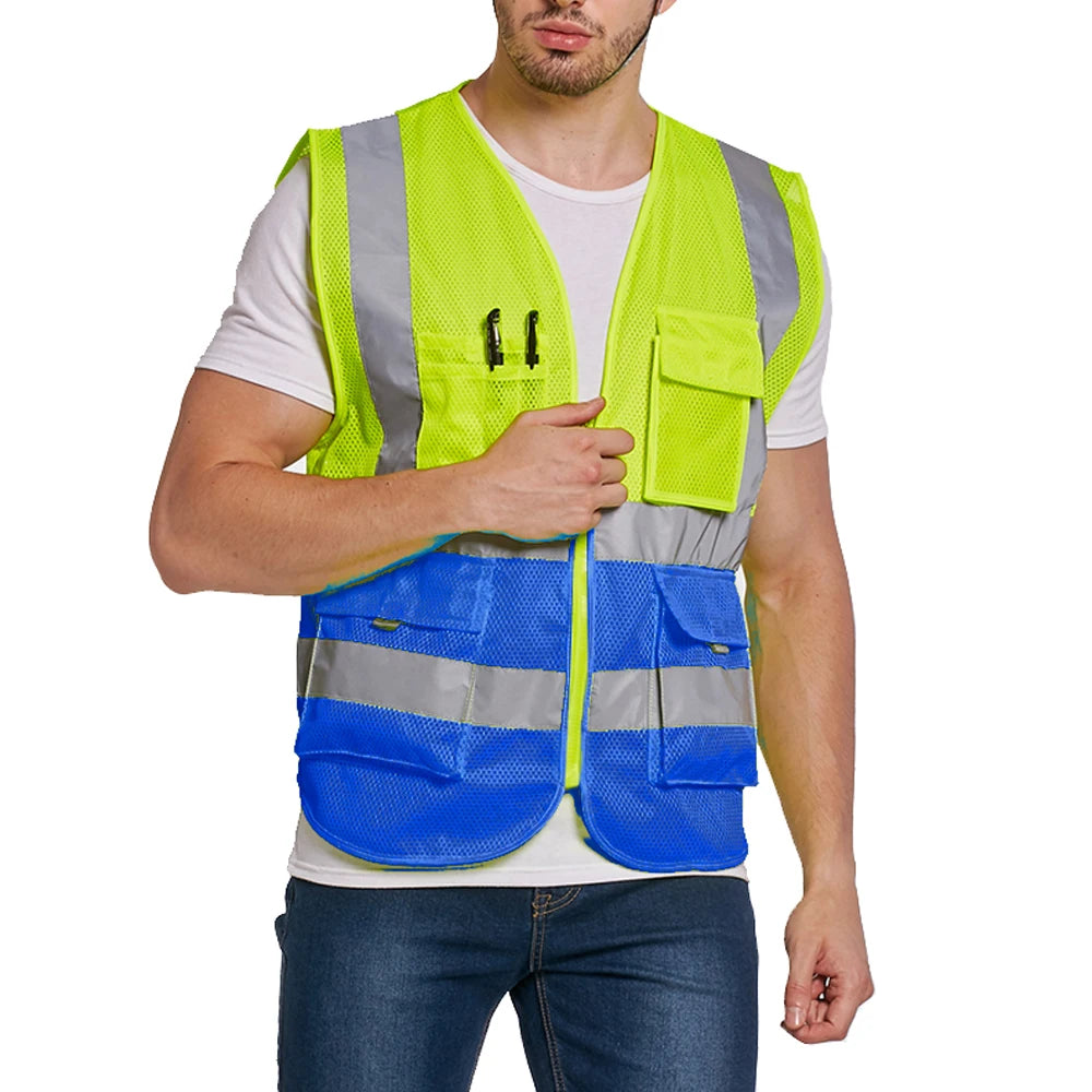 Blue Mesh Safety Vest With Pockets Breathable Summer Workwear Waistcoat for Contruction High Visibility Reflective Jacket