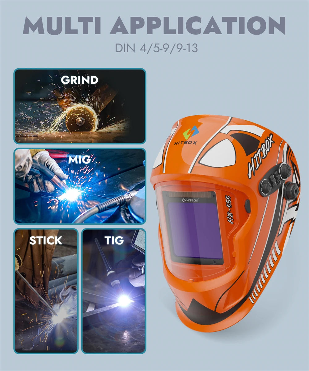 HITBOX HB555 Welding Helmet Auto Darkening 3.9x3.1 inch Large Viewing Welding Hood True Color Solar Battery Powered Welder Mask