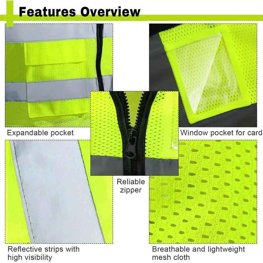 Reflective Mesh Safety Vest for Men Women High Visibility Construction Work Vest Pocket for Cycling Surveyor Neon L
