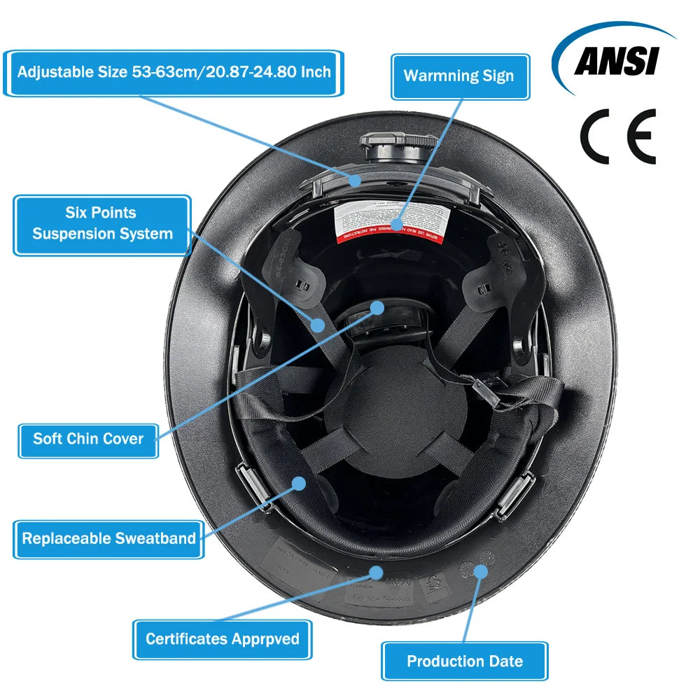 CE Full Brim Hard Hat with 6-Point Suspension HDPE Construction Safety Helmet ANSI Z89.1 Compliant for Site Safety